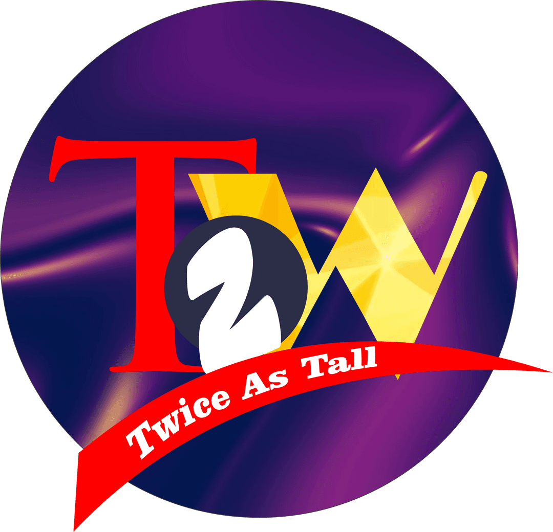 Twice As Tall official logo — a red T, gold faceted W, and central 2, wrapped in a purple globe badge